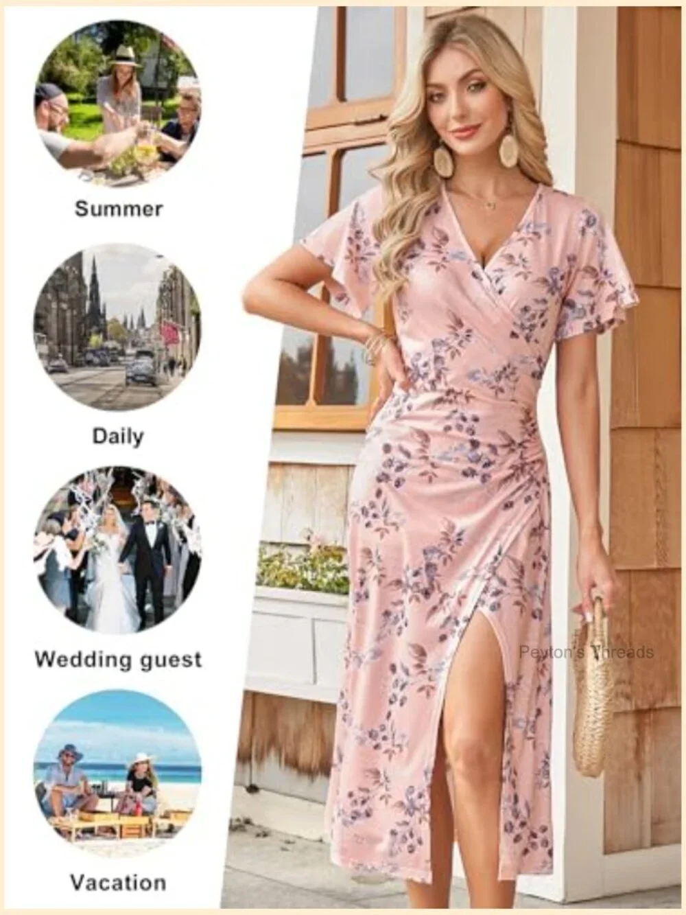 Short Sleeve Floral Wrap V Neck Ruched Waist Midi Dress Side Slit